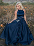 A Line Satin Two Pieces Prom Dresses With Pockets LBQ1697
